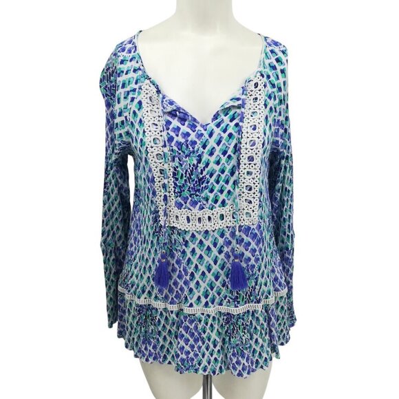 Lilly Pulitzer Amisa Top Size M Crochet Boho Bell Sleeves V-neck Tassel Blue - Picture 1 of 13
